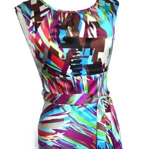 Vintage Rene Lezard 100% Silk Graphic Colorful Dress w/Belt USA Size 4